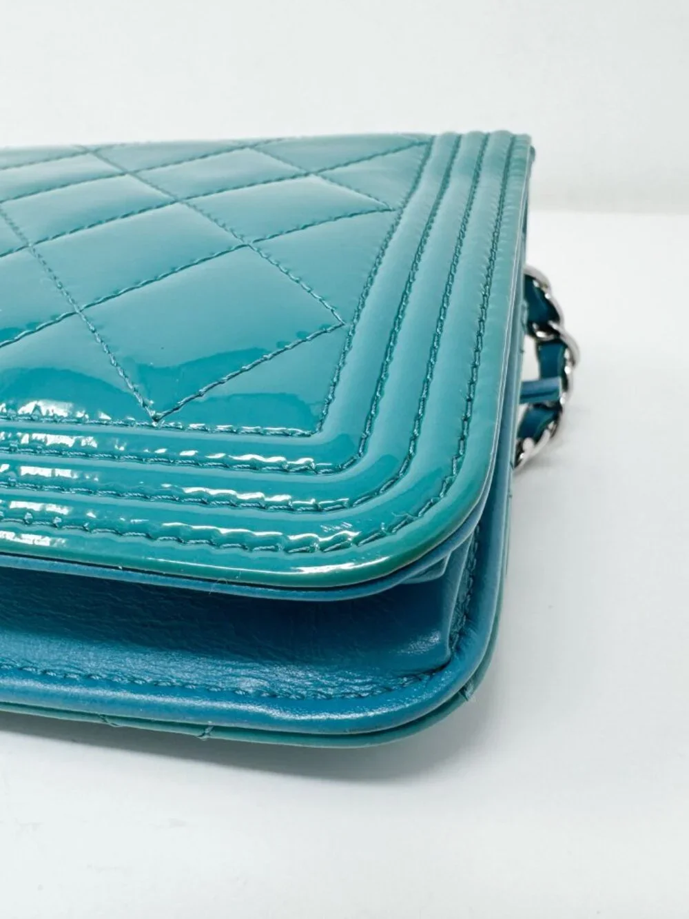 Chanel Turquoise Quilted Patent Leather Wallet on Chain